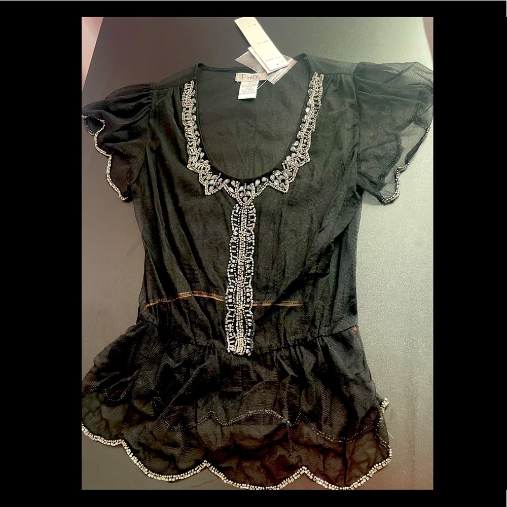 Beaded Embellished sheer mesh top blouse